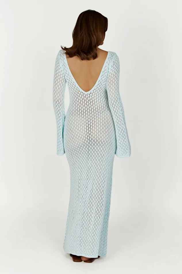 Women Meshki Dresses Kayleigh Crochet Fishtail Flare Sleeve Maxi Dress 8211 Arctic Blue