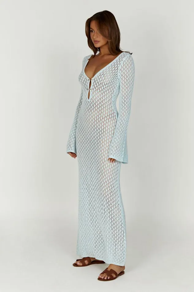 Women Meshki Dresses Kayleigh Crochet Fishtail Flare Sleeve Maxi Dress 8211 Arctic Blue