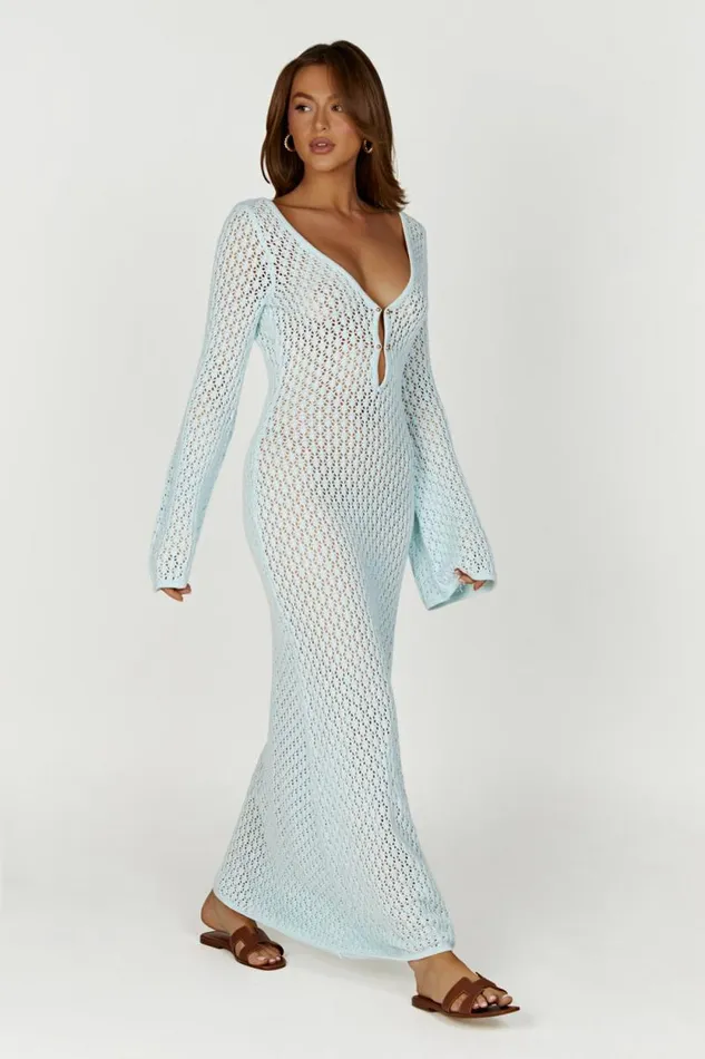 Women Meshki Dresses Kayleigh Crochet Fishtail Flare Sleeve Maxi Dress 8211 Arctic Blue