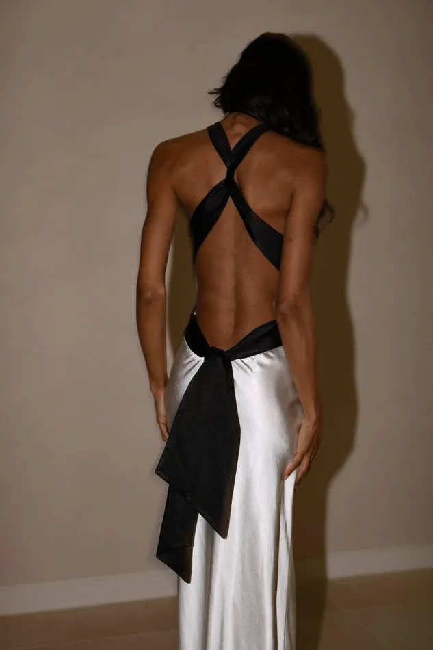 Women Meshki Dresses Nalani Satin Halter Maxi Dress 8211 BlackWhite