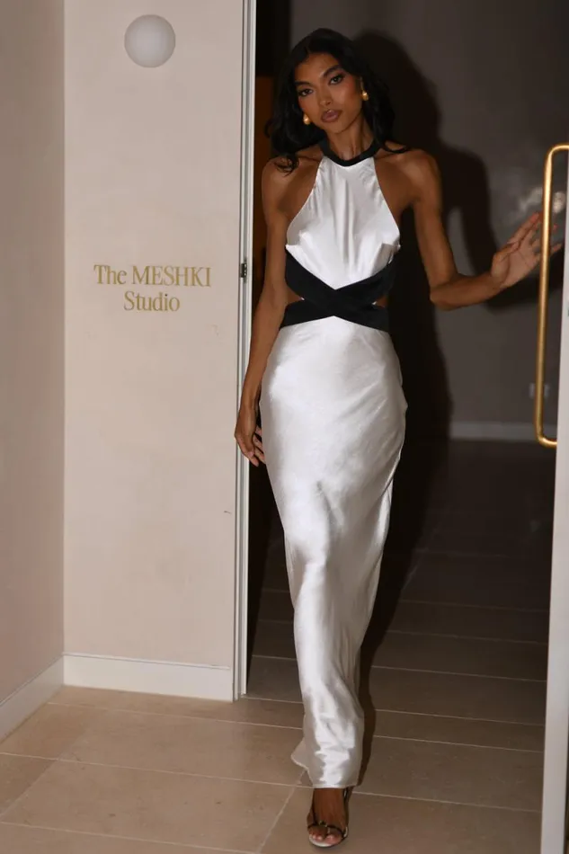 Women Meshki Dresses Nalani Satin Halter Maxi Dress 8211 BlackWhite