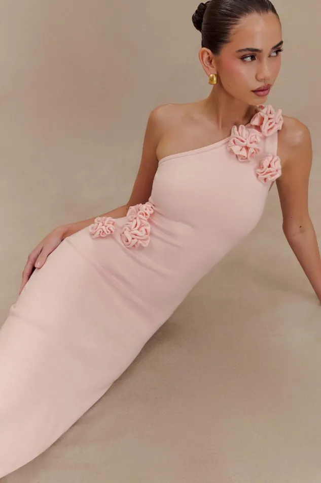 Women Meshki Dresses Paloma One Shoulder Knit Maxi Dress With Flowers 8211 Baby Pink