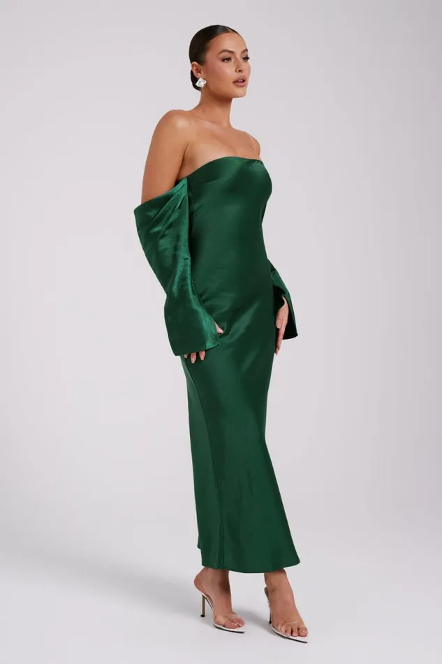 Women Meshki Dresses Vee Off Shoulder Satin Midi Dress 8211 Emerald