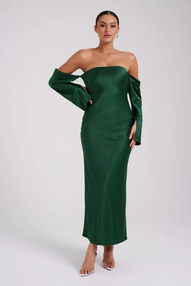 Women Meshki Dresses Vee Off Shoulder Satin Midi Dress 8211 Emerald