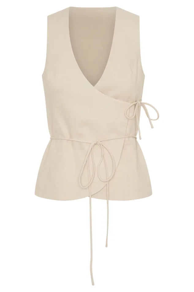 Women Meshki Tops Brandi Linen Sleeveless Wrap Top 8211 Wheat Marle