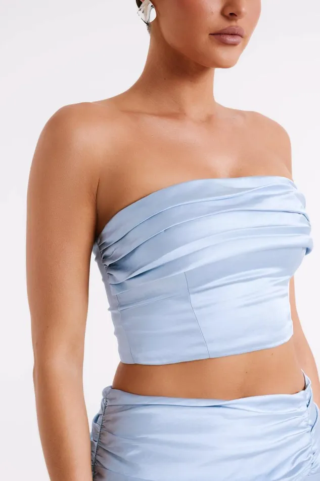 Women Meshki Tops Khalani Ruched Strapless Satin Top 8211 Ice Blue