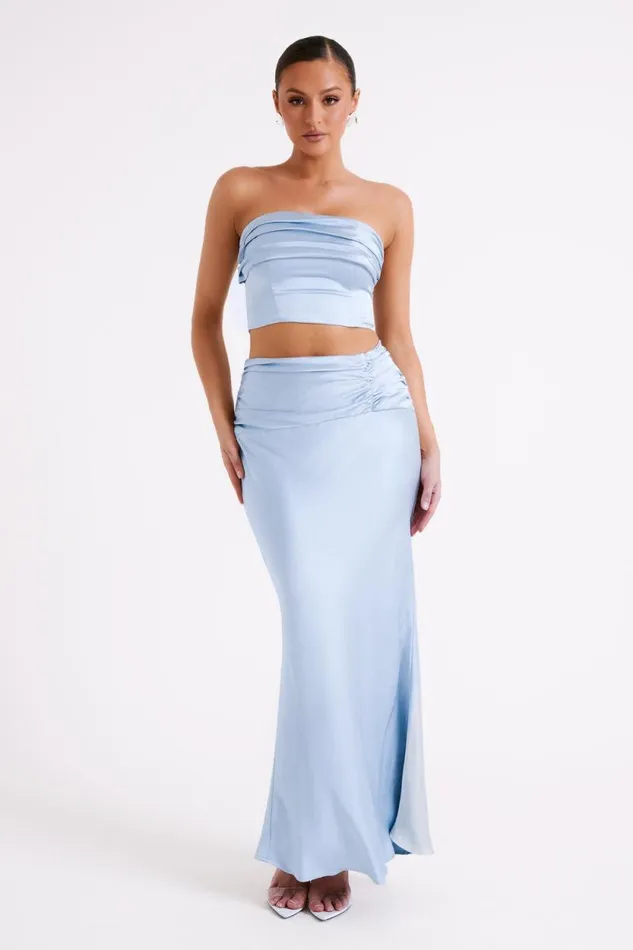Women Meshki Tops Khalani Ruched Strapless Satin Top 8211 Ice Blue