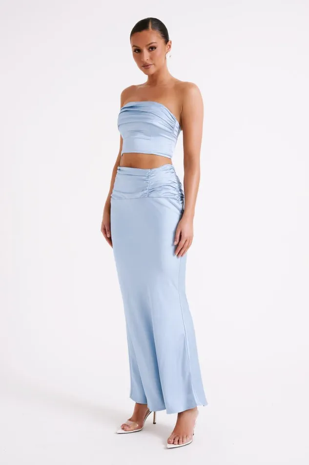 Women Meshki Tops Khalani Ruched Strapless Satin Top 8211 Ice Blue