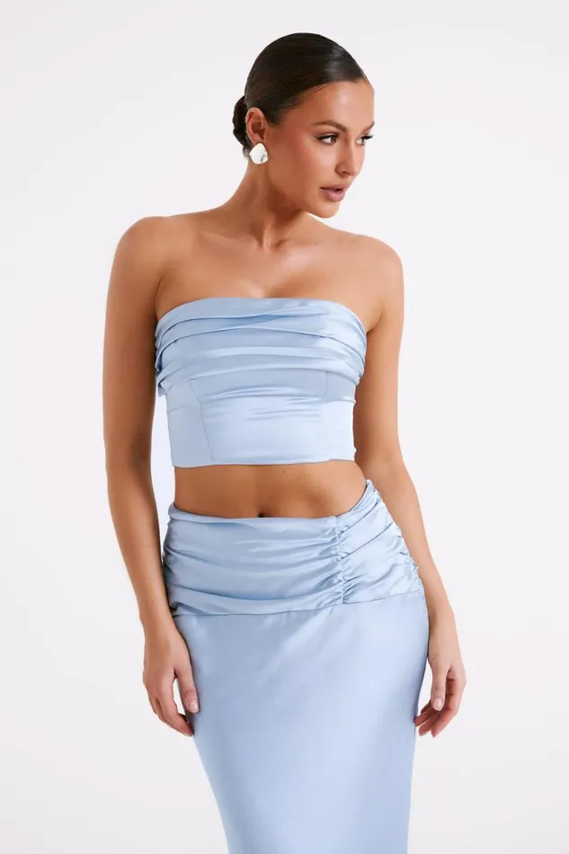 Women Meshki Tops Khalani Ruched Strapless Satin Top 8211 Ice Blue