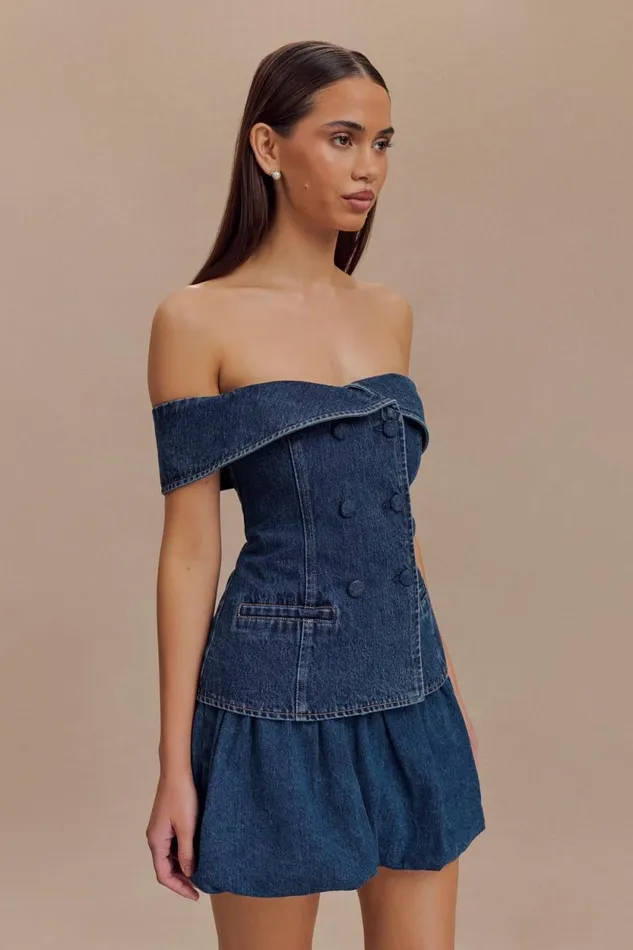 Women Meshki Tops Krista Denim Off Shoulder Top 8211 Dark Blue