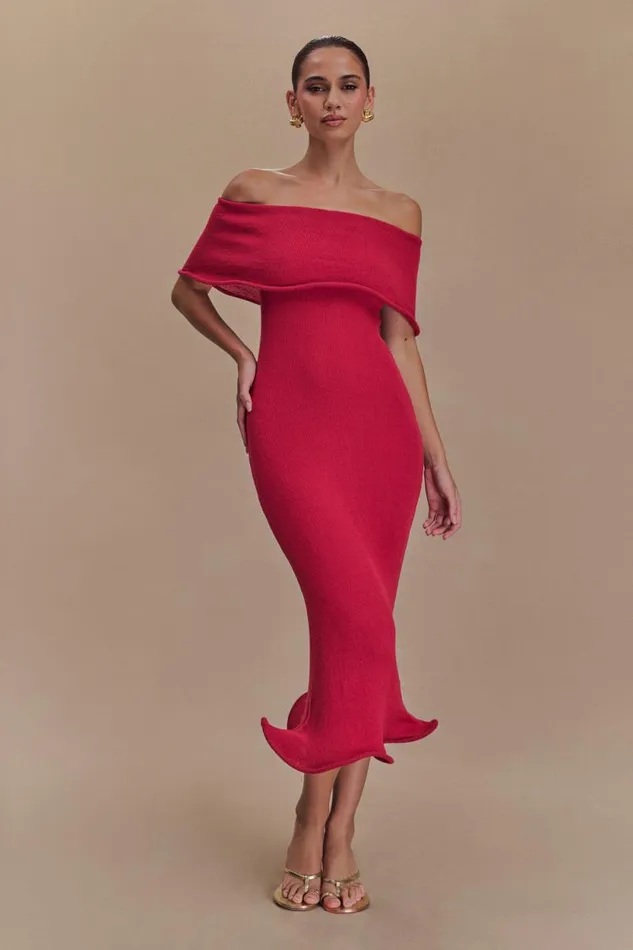 Women Meshki Tops Molly Off Shoulder Knit Midi Dress 8211 Raspberry