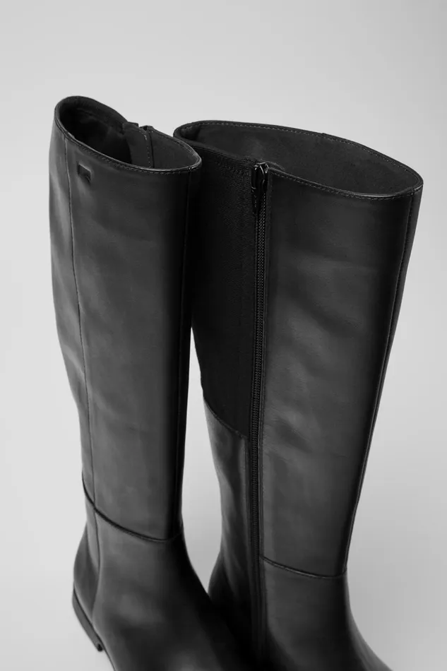 Women Mil Black Leather And Textile Black Boots Camper Boots