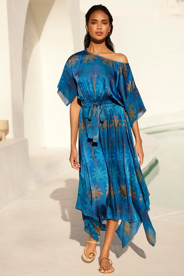 Women MISA Los Angeles Dresses MARTINA DRESS Cobalt Palms Mix