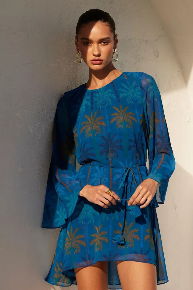 Women MISA Los Angeles Dresses PETRA DRESS Cobalt Palms Chiffon