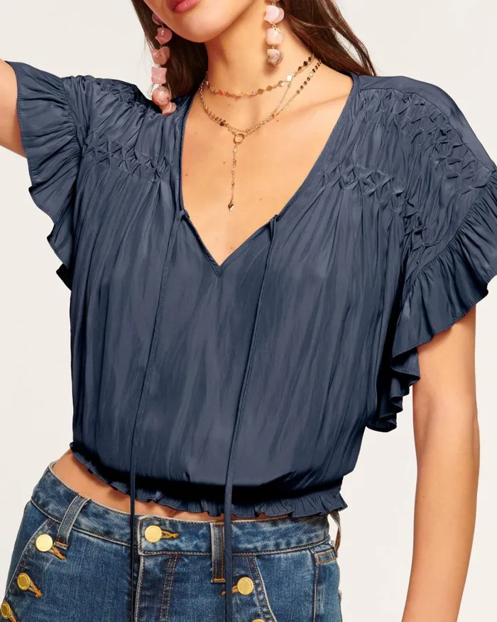 Women Olivia Flutter Sleeve Top Navy Ramy Brook Tops