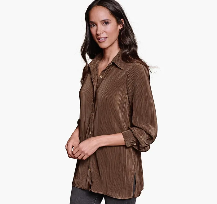 Women Pleated ButtonFront Shirt Brown JohnstonandMurphy Shirts Sweaters and Blazers Women Pleated ButtonFront Shirt Brown JohnstonandMurphy Shirts Sweaters and Blazers
