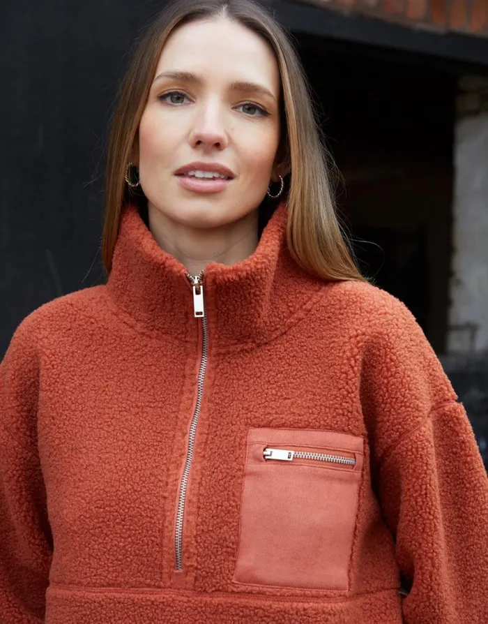 Women Rust Half Zip Borg Fleece Threadbare Fleece Women Rust Half Zip Borg Fleece Threadbare Fleece