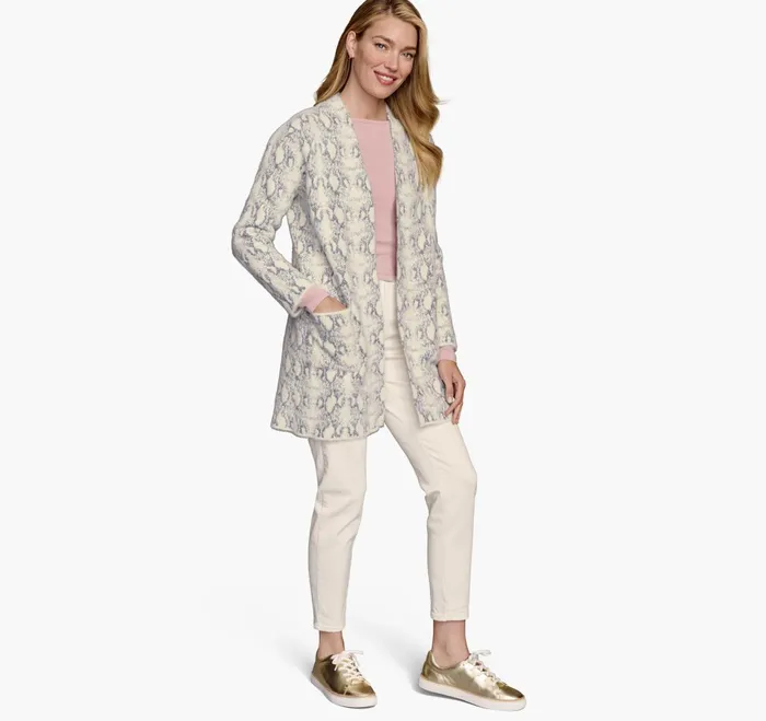 Women SnakeskinPattern Cardigan Light Gray JohnstonandMurphy Shirts Sweaters and Blazers
