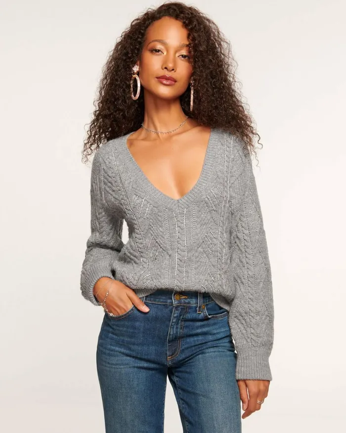 Women Trinity Embellished VNeck Sweater Ivory Bedazzled Ramy Brook Tops